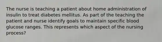 The nurse is teaching a patient about home administration of insulin to treat diabetes mellitus. As part of the teaching the patient and nurse identify goals to maintain specific blood glucose ranges. This represents which aspect of the nursing process?