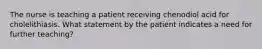 The nurse is teaching a patient receiving chenodiol acid for cholelithiasis. What statement by the patient indicates a need for further teaching?