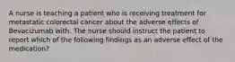 A nurse is teaching a patient who is receiving treatment for metastatic colorectal cancer about the adverse effects of Bevacizumab with. The nurse should instruct the patient to report which of the following findings as an adverse effect of the medication?