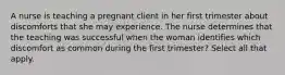 A nurse is teaching a pregnant client in her first trimester about discomforts that she may experience. The nurse determines that the teaching was successful when the woman identifies which discomfort as common during the first trimester? Select all that apply.