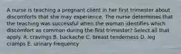 A nurse is teaching a pregnant client in her first trimester about discomforts that she may experience. The nurse determines that the teaching was successful when the woman identifies which discomfort as common during the first trimester? Select all that apply. A. cravings B. backache C. breast tenderness D. leg cramps E. urinary frequency