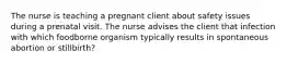 The nurse is teaching a pregnant client about safety issues during a prenatal visit. The nurse advises the client that infection with which foodborne organism typically results in spontaneous abortion or stillbirth?