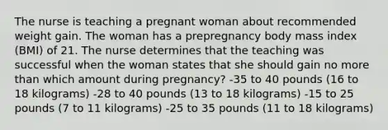 The nurse is teaching a pregnant woman about recommended weight gain. The woman has a prepregnancy body mass index (BMI) of 21. The nurse determines that the teaching was successful when the woman states that she should gain no more than which amount during pregnancy? -35 to 40 pounds (16 to 18 kilograms) -28 to 40 pounds (13 to 18 kilograms) -15 to 25 pounds (7 to 11 kilograms) -25 to 35 pounds (11 to 18 kilograms)