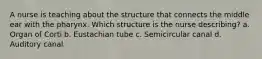 A nurse is teaching about the structure that connects the middle ear with the pharynx. Which structure is the nurse describing? a. Organ of Corti b. Eustachian tube c. Semicircular canal d. Auditory canal