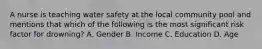 A nurse is teaching water safety at the local community pool and mentions that which of the following is the most significant risk factor for drowning? A. Gender B. Income C. Education D. Age