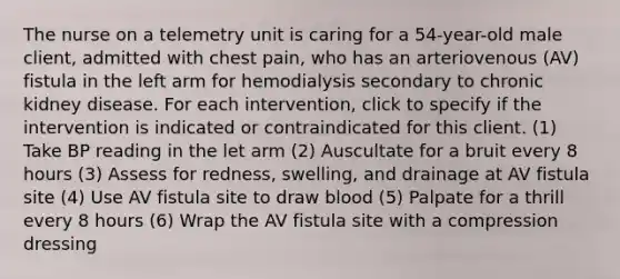 The nurse on a telemetry unit is caring for a 54-year-old male client, admitted with chest pain, who has an arteriovenous (AV) fistula in the left arm for hemodialysis secondary to chronic kidney disease. For each intervention, click to specify if the intervention is indicated or contraindicated for this client. (1) Take BP reading in the let arm (2) Auscultate for a bruit every 8 hours (3) Assess for redness, swelling, and drainage at AV fistula site (4) Use AV fistula site to draw blood (5) Palpate for a thrill every 8 hours (6) Wrap the AV fistula site with a compression dressing