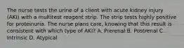 The nurse tests the urine of a client with acute kidney injury (AKI) with a multitest reagent strip. The strip tests highly positive for proteinuria. The nurse plans care, knowing that this result is consistent with which type of AKI? A. Prerenal B. Postrenal C. Intrinsic D. Atypical