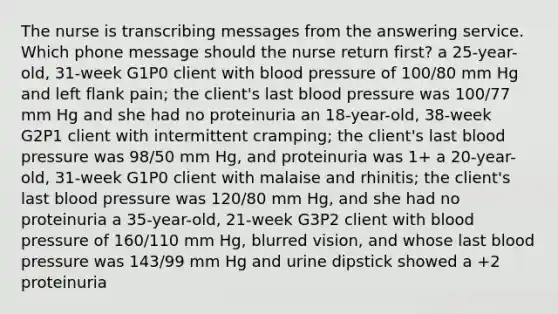 The nurse is transcribing messages from the answering service. Which phone message should the nurse return first? a 25-year-old, 31-week G1P0 client with blood pressure of 100/80 mm Hg and left flank pain; the client's last blood pressure was 100/77 mm Hg and she had no proteinuria an 18-year-old, 38-week G2P1 client with intermittent cramping; the client's last blood pressure was 98/50 mm Hg, and proteinuria was 1+ a 20-year-old, 31-week G1P0 client with malaise and rhinitis; the client's last blood pressure was 120/80 mm Hg, and she had no proteinuria a 35-year-old, 21-week G3P2 client with blood pressure of 160/110 mm Hg, blurred vision, and whose last blood pressure was 143/99 mm Hg and urine dipstick showed a +2 proteinuria