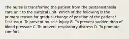 The nurse is transferring the patient from the postanesthesia care unit to the surgical unit. Which of the following is the primary reason for gradual change of position of the patient? Discuss A. To prevent muscle injury B. To prevent sudden drop of blood pressure C. To prevent respiratory distress D. To promote comfort