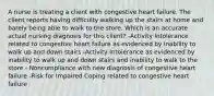 A nurse is treating a client with congestive heart failure. The client reports having difficulty walking up the stairs at home and barely being able to walk to the store. Which is an accurate actual nursing diagnosis for this client? -Activity Intolerance related to congestive heart failure as evidenced by inability to walk up and down stairs -Activity Intolerance as evidenced by inability to walk up and down stairs and inability to walk to the store - Noncompliance with new diagnosis of congestive heart failure -Risk for Impaired Coping related to congestive heart failure