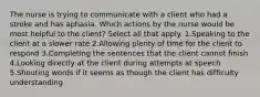 The nurse is trying to communicate with a client who had a stroke and has aphasia. Which actions by the nurse would be most helpful to the client? Select all that apply. 1.Speaking to the client at a slower rate 2.Allowing plenty of time for the client to respond 3.Completing the sentences that the client cannot finish 4.Looking directly at the client during attempts at speech 5.Shouting words if it seems as though the client has difficulty understanding