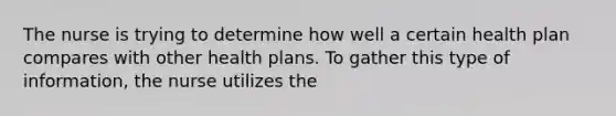 The nurse is trying to determine how well a certain health plan compares with other health plans. To gather this type of information, the nurse utilizes the