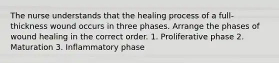 The nurse understands that the healing process of a full-thickness wound occurs in three phases. Arrange the phases of wound healing in the correct order. 1. Proliferative phase 2. Maturation 3. Inflammatory phase