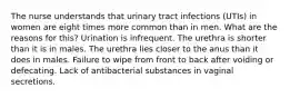 The nurse understands that urinary tract infections (UTIs) in women are eight times more common than in men. What are the reasons for this? Urination is infrequent. The urethra is shorter than it is in males. The urethra lies closer to the anus than it does in males. Failure to wipe from front to back after voiding or defecating. Lack of antibacterial substances in vaginal secretions.