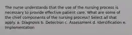 The nurse understands that the use of the nursing process is necessary to provide effective patient care. What are some of the chief components of the nursing process? Select all that apply. a. Diagnosis b. Detection c. Assessment d. Identification e. Implementation