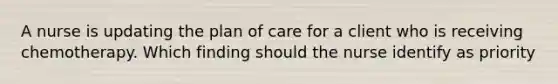 A nurse is updating the plan of care for a client who is receiving chemotherapy. Which finding should the nurse identify as priority