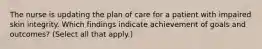 The nurse is updating the plan of care for a patient with impaired skin integrity. Which findings indicate achievement of goals and outcomes? (Select all that apply.)