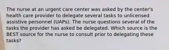 The nurse at an urgent care center was asked by the center's health care provider to delegate several tasks to unlicensed assistive personnel (UAPs). The nurse questions several of the tasks the provider has asked be delegated. Which source is the BEST source for the nurse to consult prior to delegating these tasks?