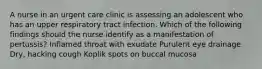 A nurse in an urgent care clinic is assessing an adolescent who has an upper respiratory tract infection. Which of the following findings should the nurse identify as a manifestation of pertussis? Inflamed throat with exudate Purulent eye drainage Dry, hacking cough Koplik spots on buccal mucosa