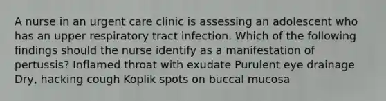 A nurse in an urgent care clinic is assessing an adolescent who has an upper respiratory tract infection. Which of the following findings should the nurse identify as a manifestation of pertussis? Inflamed throat with exudate Purulent eye drainage Dry, hacking cough Koplik spots on buccal mucosa