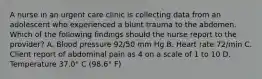 A nurse in an urgent care clinic is collecting data from an adolescent who experienced a blunt trauma to the abdomen. Which of the following findings should the nurse report to the provider? A. Blood pressure 92/50 mm Hg B. Heart rate 72/min C. Client report of abdominal pain as 4 on a scale of 1 to 10 D. Temperature 37.0° C (98.6° F)