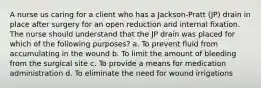 A nurse us caring for a client who has a Jackson-Pratt (JP) drain in place after surgery for an open reduction and internal fixation. The nurse should understand that the JP drain was placed for which of the following purposes? a. To prevent fluid from accumulating in the wound b. To limit the amount of bleeding from the surgical site c. To provide a means for medication administration d. To eliminate the need for wound irrigations