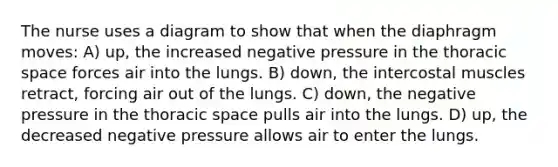 The nurse uses a diagram to show that when the diaphragm moves: A) up, the increased negative pressure in the thoracic space forces air into the lungs. B) down, the intercostal muscles retract, forcing air out of the lungs. C) down, the negative pressure in the thoracic space pulls air into the lungs. D) up, the decreased negative pressure allows air to enter the lungs.