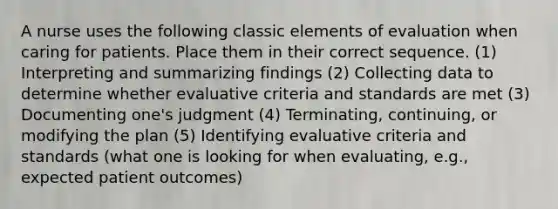 A nurse uses the following classic elements of evaluation when caring for patients. Place them in their correct sequence. (1) Interpreting and summarizing findings (2) Collecting data to determine whether evaluative criteria and standards are met (3) Documenting one's judgment (4) Terminating, continuing, or modifying the plan (5) Identifying evaluative criteria and standards (what one is looking for when evaluating, e.g., expected patient outcomes)