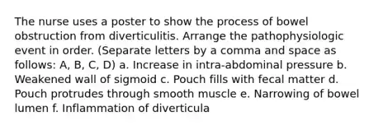 The nurse uses a poster to show the process of bowel obstruction from diverticulitis. Arrange the pathophysiologic event in order. (Separate letters by a comma and space as follows: A, B, C, D) a. Increase in intra-abdominal pressure b. Weakened wall of sigmoid c. Pouch fills with fecal matter d. Pouch protrudes through smooth muscle e. Narrowing of bowel lumen f. Inflammation of diverticula