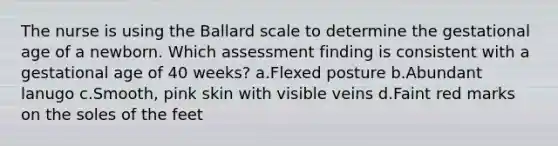 The nurse is using the Ballard scale to determine the gestational age of a newborn. Which assessment finding is consistent with a gestational age of 40 weeks? a.Flexed posture b.Abundant lanugo c.Smooth, pink skin with visible veins d.Faint red marks on the soles of the feet