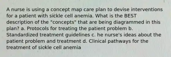 A nurse is using a concept map care plan to devise interventions for a patient with sickle cell anemia. What is the BEST description of the "concepts" that are being diagrammed in this plan? a. Protocols for treating the patient problem b. Standardized treatment guidelines c. he nurse's ideas about the patient problem and treatment d. Clinical pathways for the treatment of sickle cell anemia