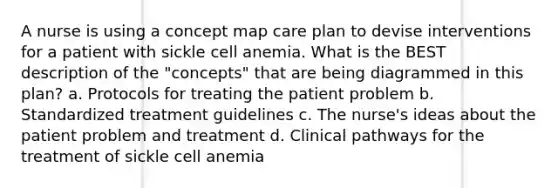 A nurse is using a concept map care plan to devise interventions for a patient with sickle cell anemia. What is the BEST description of the "concepts" that are being diagrammed in this plan? a. Protocols for treating the patient problem b. Standardized treatment guidelines c. The nurse's ideas about the patient problem and treatment d. Clinical pathways for the treatment of sickle cell anemia