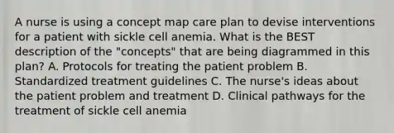 A nurse is using a concept map care plan to devise interventions for a patient with sickle cell anemia. What is the BEST description of the "concepts" that are being diagrammed in this plan? A. Protocols for treating the patient problem B. Standardized treatment guidelines C. The nurse's ideas about the patient problem and treatment D. Clinical pathways for the treatment of sickle cell anemia