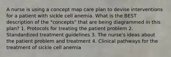 A nurse is using a concept map care plan to devise interventions for a patient with sickle cell anemia. What is the BEST description of the "concepts" that are being diagrammed in this plan? 1. Protocols for treating the patient problem 2. Standardized treatment guidelines 3. The nurse's ideas about the patient problem and treatment 4. Clinical pathways for the treatment of sickle cell anemia