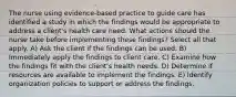 The nurse using evidence-based practice to guide care has identified a study in which the findings would be appropriate to address a client's health care need. What actions should the nurse take before implementing these findings? Select all that apply. A) Ask the client if the findings can be used. B) Immediately apply the findings to client care. C) Examine how the findings fit with the client's health needs. D) Determine if resources are available to implement the findings. E) Identify organization policies to support or address the findings.