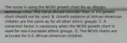 The nurse is using the NCHS growth chart for an African-American child. The nurse should consider that: A. his growth chart should not be used. B. Growth patterns of African-American children are the same as for all other ethnic groups. C. A correction factor is necessary when the NCHS growth chart is used for non-Caucasian ethnic groups. D. The NCHS charts are accurate for U.S. African-American children.