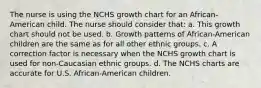 The nurse is using the NCHS growth chart for an African-American child. The nurse should consider that: a. This growth chart should not be used. b. Growth patterns of African-American children are the same as for all other ethnic groups. c. A correction factor is necessary when the NCHS growth chart is used for non-Caucasian ethnic groups. d. The NCHS charts are accurate for U.S. African-American children.