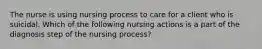 The nurse is using nursing process to care for a client who is suicidal. Which of the following nursing actions is a part of the diagnosis step of the nursing process?