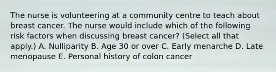 The nurse is volunteering at a community centre to teach about breast cancer. The nurse would include which of the following risk factors when discussing breast cancer? (Select all that apply.) A. Nulliparity B. Age 30 or over C. Early menarche D. Late menopause E. Personal history of colon cancer