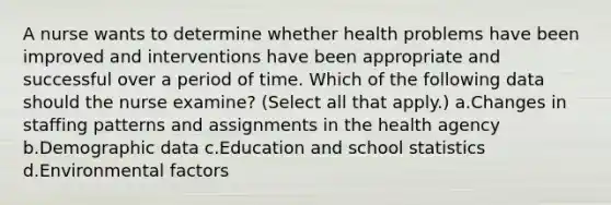 A nurse wants to determine whether health problems have been improved and interventions have been appropriate and successful over a period of time. Which of the following data should the nurse examine? (Select all that apply.) a.Changes in staffing patterns and assignments in the health agency b.Demographic data c.Education and school statistics d.Environmental factors