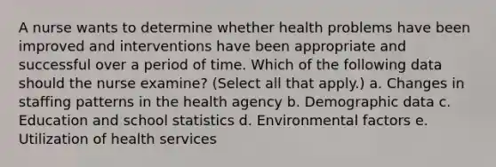 A nurse wants to determine whether health problems have been improved and interventions have been appropriate and successful over a period of time. Which of the following data should the nurse examine? (Select all that apply.) a. Changes in staffing patterns in the health agency b. Demographic data c. Education and school statistics d. Environmental factors e. Utilization of health services