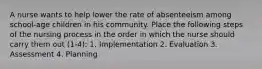 A nurse wants to help lower the rate of absenteeism among school-age children in his community. Place the following steps of the nursing process in the order in which the nurse should carry them out (1-4): 1. Implementation 2. Evaluation 3. Assessment 4. Planning