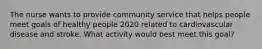 The nurse wants to provide community service that helps people meet goals of healthy people 2020 related to cardiovascular disease and stroke. What activity would best meet this goal?