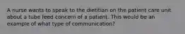 A nurse wants to speak to the dietitian on the patient care unit about a tube feed concern of a patient. This would be an example of what type of communication?