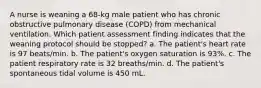 A nurse is weaning a 68-kg male patient who has chronic obstructive pulmonary disease (COPD) from mechanical ventilation. Which patient assessment finding indicates that the weaning protocol should be stopped? a. The patient's heart rate is 97 beats/min. b. The patient's oxygen saturation is 93%. c. The patient respiratory rate is 32 breaths/min. d. The patient's spontaneous tidal volume is 450 mL.