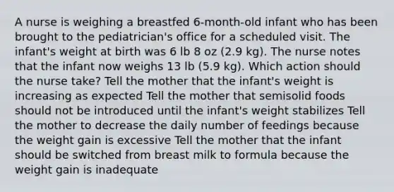 A nurse is weighing a breastfed 6-month-old infant who has been brought to the pediatrician's office for a scheduled visit. The infant's weight at birth was 6 lb 8 oz (2.9 kg). The nurse notes that the infant now weighs 13 lb (5.9 kg). Which action should the nurse take? Tell the mother that the infant's weight is increasing as expected Tell the mother that semisolid foods should not be introduced until the infant's weight stabilizes Tell the mother to decrease the daily number of feedings because the weight gain is excessive Tell the mother that the infant should be switched from breast milk to formula because the weight gain is inadequate