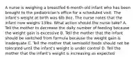 A nurse is weighing a breastfed 6-month-old infant who has been brought to the pediatrician's office for a scheduled visit. The infant's weight at birth was 6lb 8oz. The nurse notes that the infant now weighs 13lbs. What action should the nurse take? A. Tell the mother to decrease the daily number of feeding because the weight gain is excessive B. Tell the mother that the infant should be switched from formula because the weight gain is inadequate C. Tell the mother that semisolid foods should not be tolerated until the infant's weight is under control D. Tell the mother that the infant's weight is increasing as expected