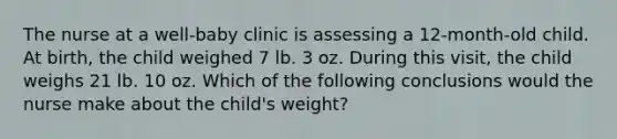 The nurse at a well-baby clinic is assessing a 12-month-old child. At birth, the child weighed 7 lb. 3 oz. During this visit, the child weighs 21 lb. 10 oz. Which of the following conclusions would the nurse make about the child's weight?