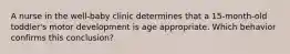 A nurse in the well-baby clinic determines that a 15-month-old toddler's motor development is age appropriate. Which behavior confirms this conclusion?