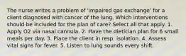 The nurse writes a problem of 'impaired gas exchange' for a client diagnosed with cancer of the lung. Which interventions should be included for the plan of care? Select all that apply. 1. Apply O2 via nasal cannula. 2. Have the dietician plan for 6 small meals per day. 3. Place the client in resp. isolation. 4. Assess vital signs for fever. 5. Listen to lung sounds every shift.